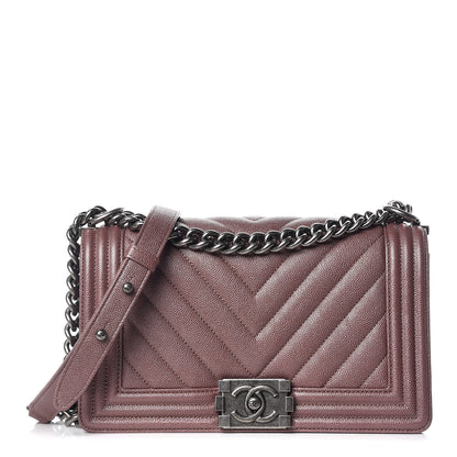 Chanel Metallic Caviar Chevron Quilted Medium Boy Flap Dark Pink 1 of 9