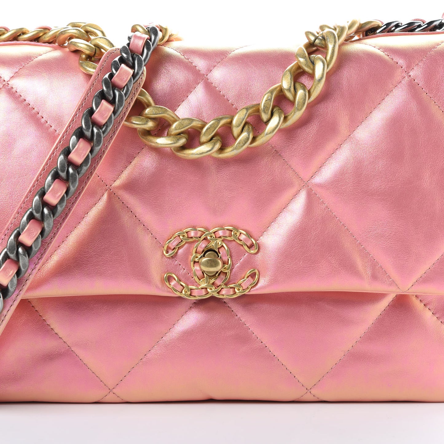 Iridescent Calfskin Quilted Large Chanel 19 Flap Pink