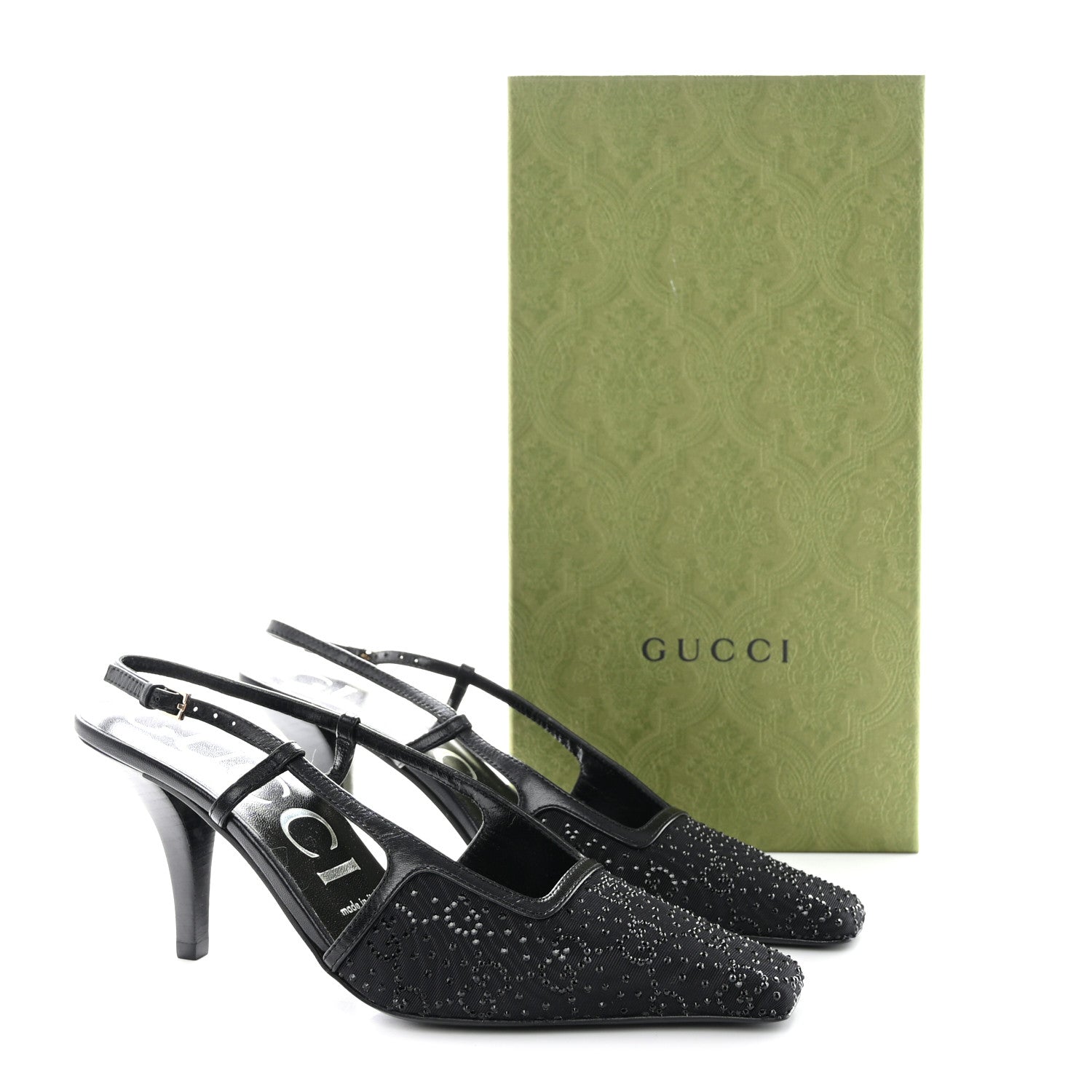 Gucci Moire Fabric Malaga Kid Crystal GG Monogram Square G 75mm Slingback Pumps 36 Black 10 of 10