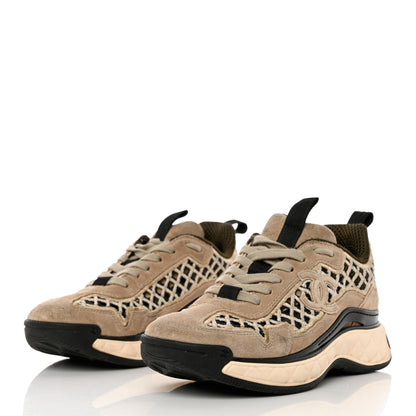 Chanel Suede Calfskin Embroidered CC Sneakers 36 Beige Black 3 of 12
