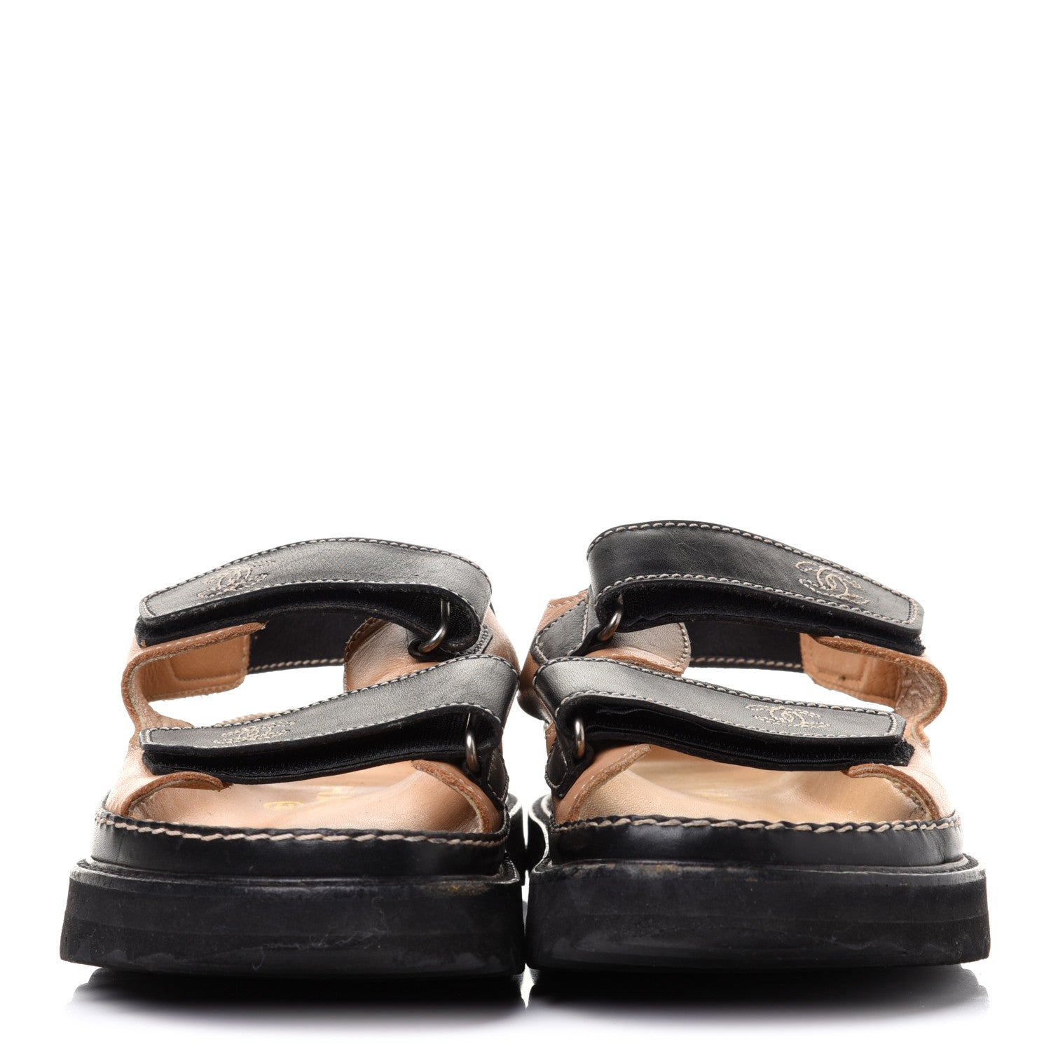 Chanel Lambskin Velcro Dad Sandals 37.5 Black Beige 2 of 12