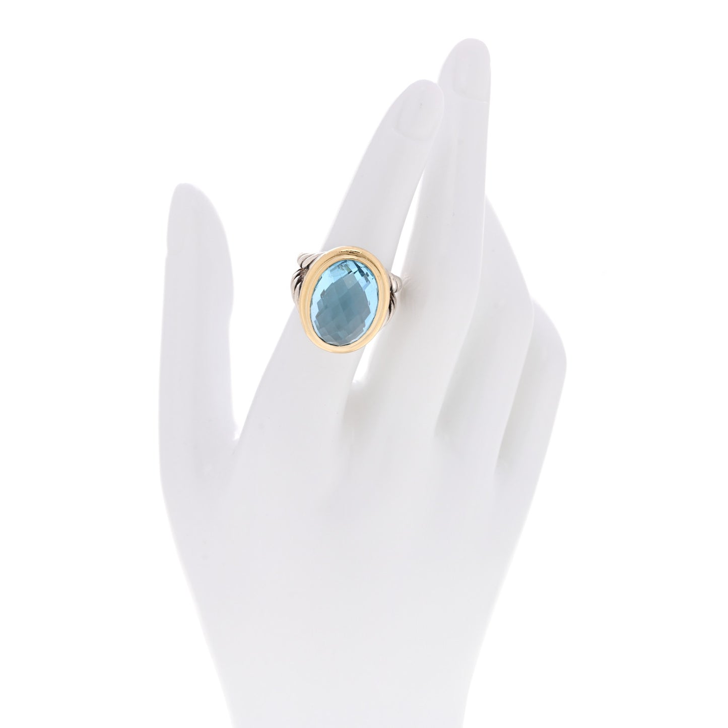 Sterling Silver 18K Yellow Gold Blue Topaz 13mm Signature Oval Ring 52 6
