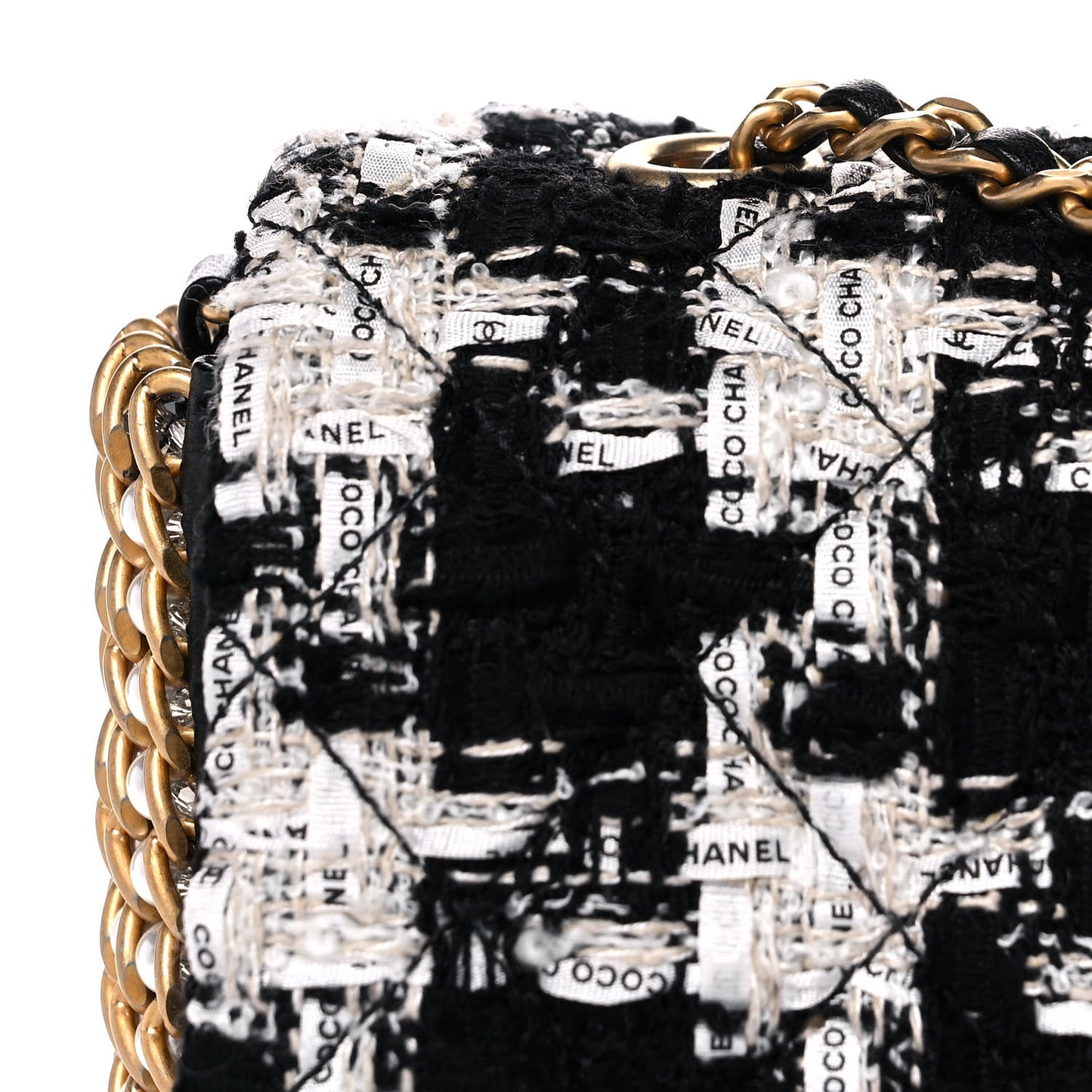 Tweed Quilted Mini Side Pearl Flap Bag Black Ecru White