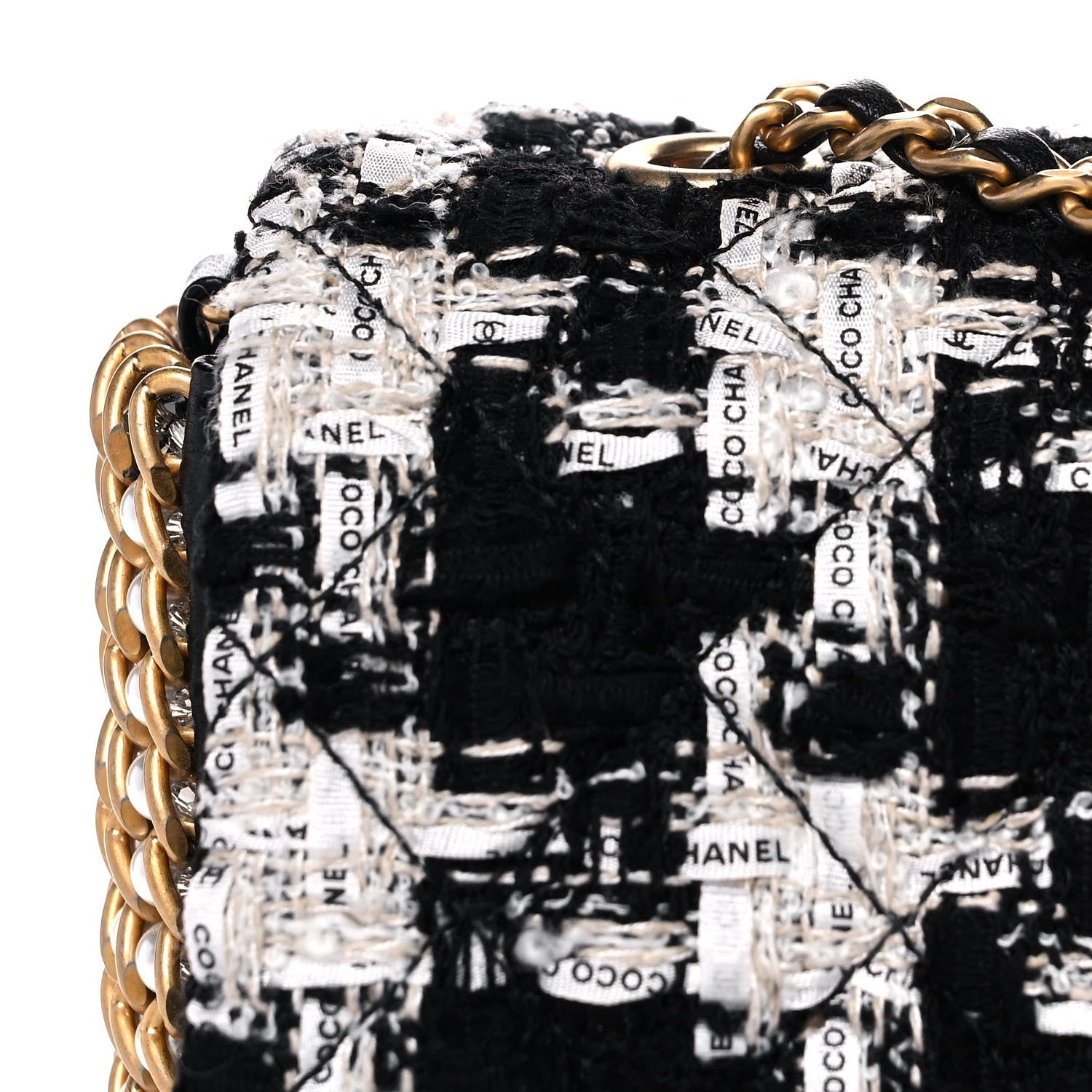 Chanel Tweed Quilted Mini Side Pearl Flap Bag Black Ecru White 9 of 13