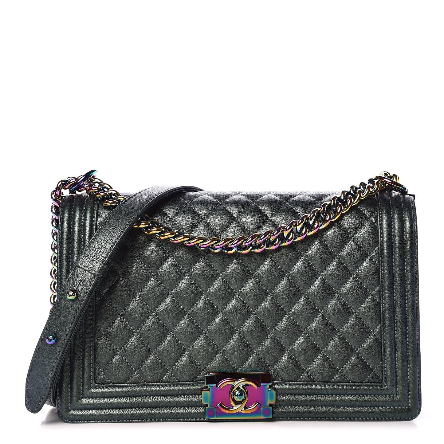 Iridescent Goatskin Quilted New Medium Boy Flap Green