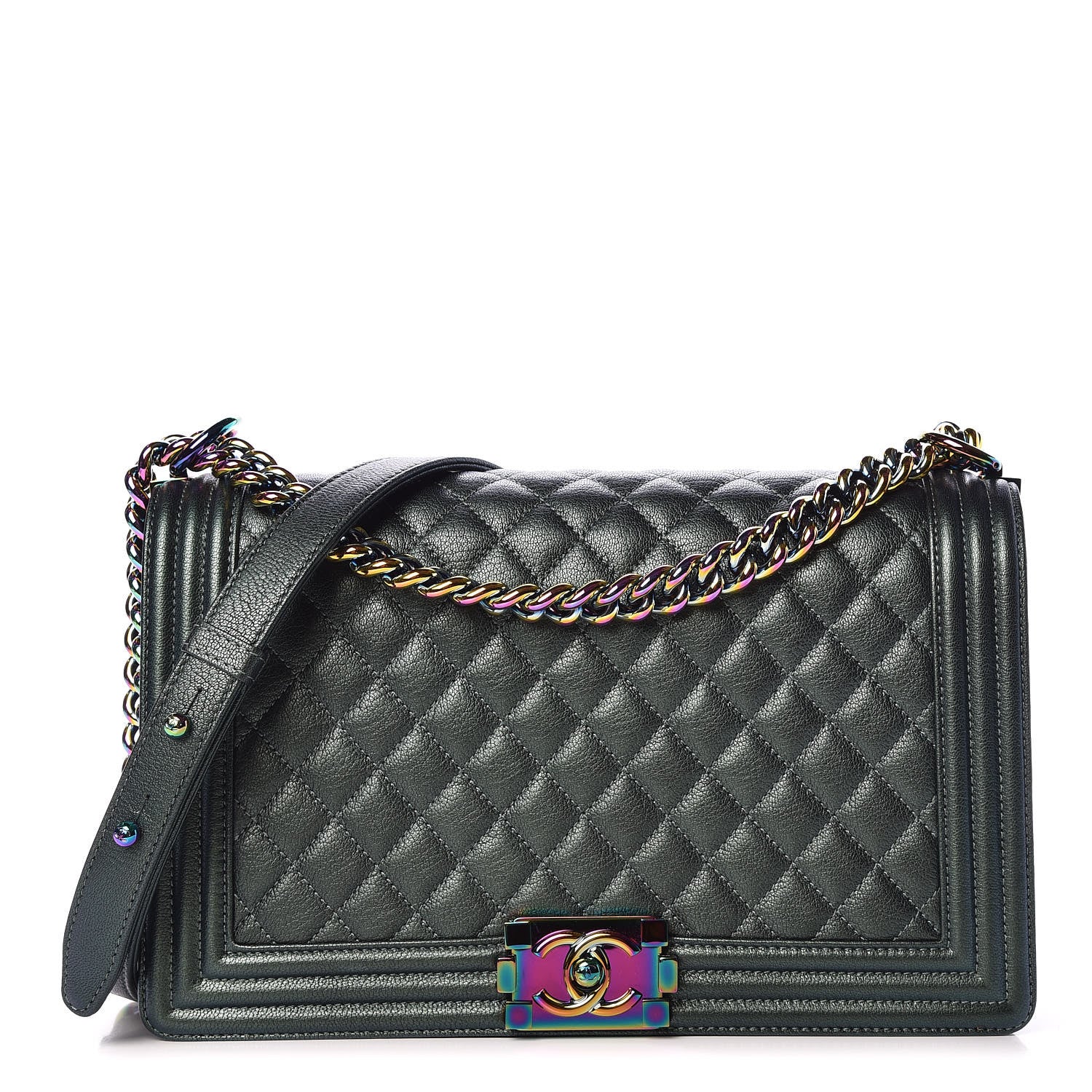 Chanel Iridescent Goatskin Quilted New Medium Boy Flap Green 1 of 10