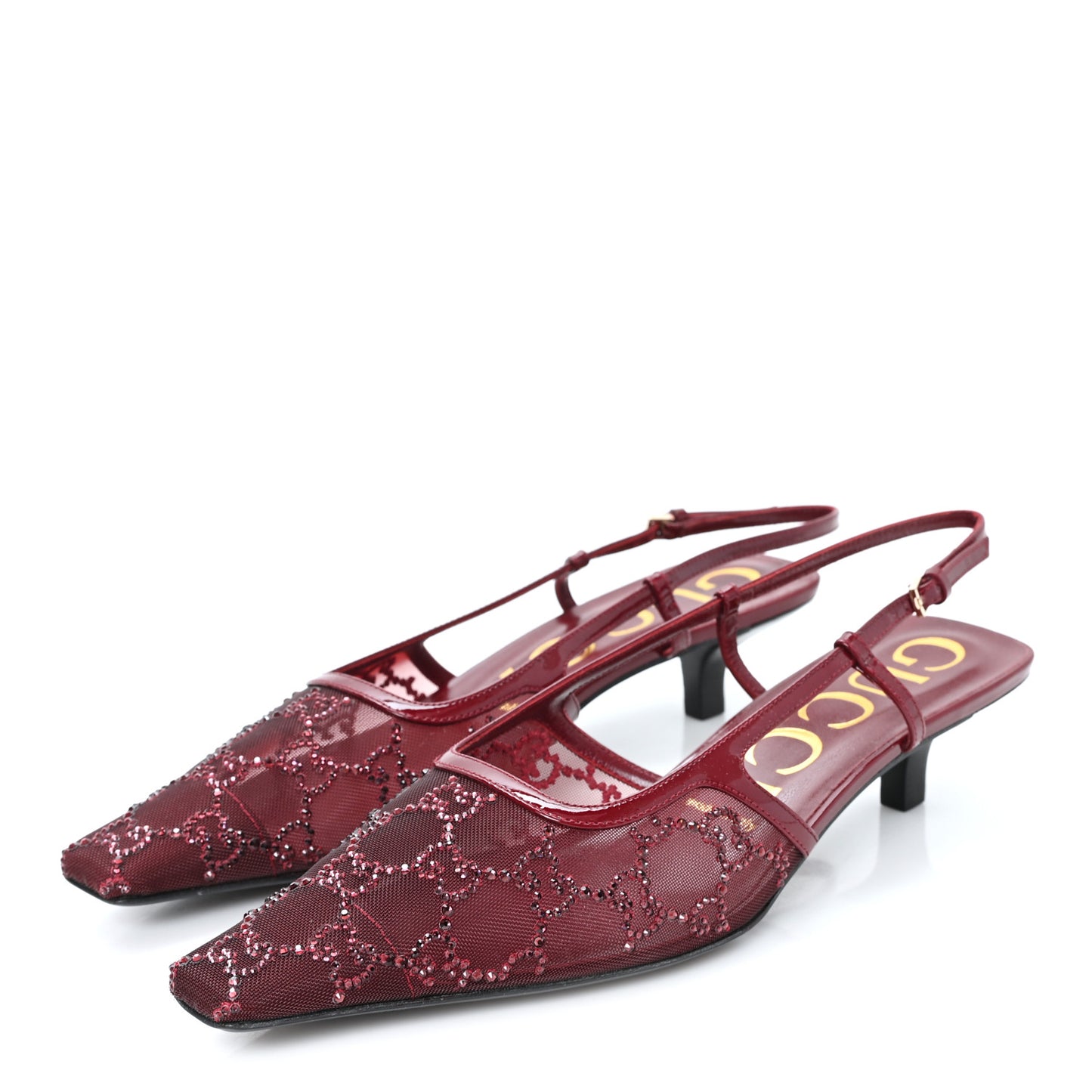 Tela Retino Kid Scamosciato Crystal GG Monogram Square G 35mm Slingback Pumps 39 Rosso Ancora