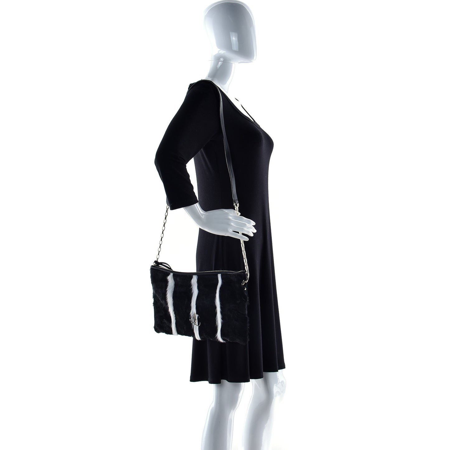Pony Hair Striped Chain Clutch Black White