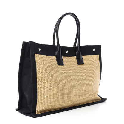 Saint Laurent Raffia Linen Calfskin Rive Gauche Tote Naturale Black 3 of 10