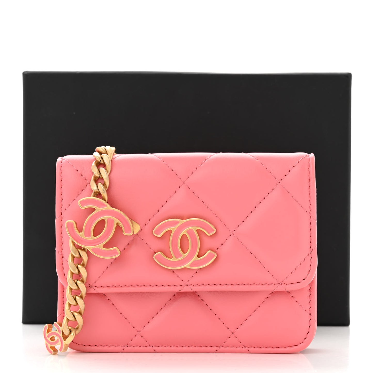 Lambskin Enamel Quilted Pending Clutch With Chain Pink