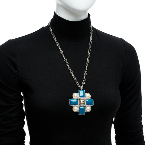 Gripoix Poured Glass Pearl CC Pendant Necklace Turquoise Silver