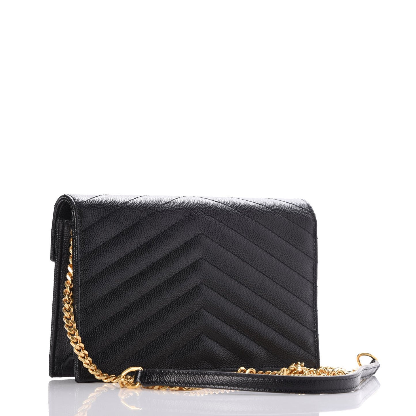 Grain De Poudre Matelasse Chevron Monogram Envelope Chain Wallet Black