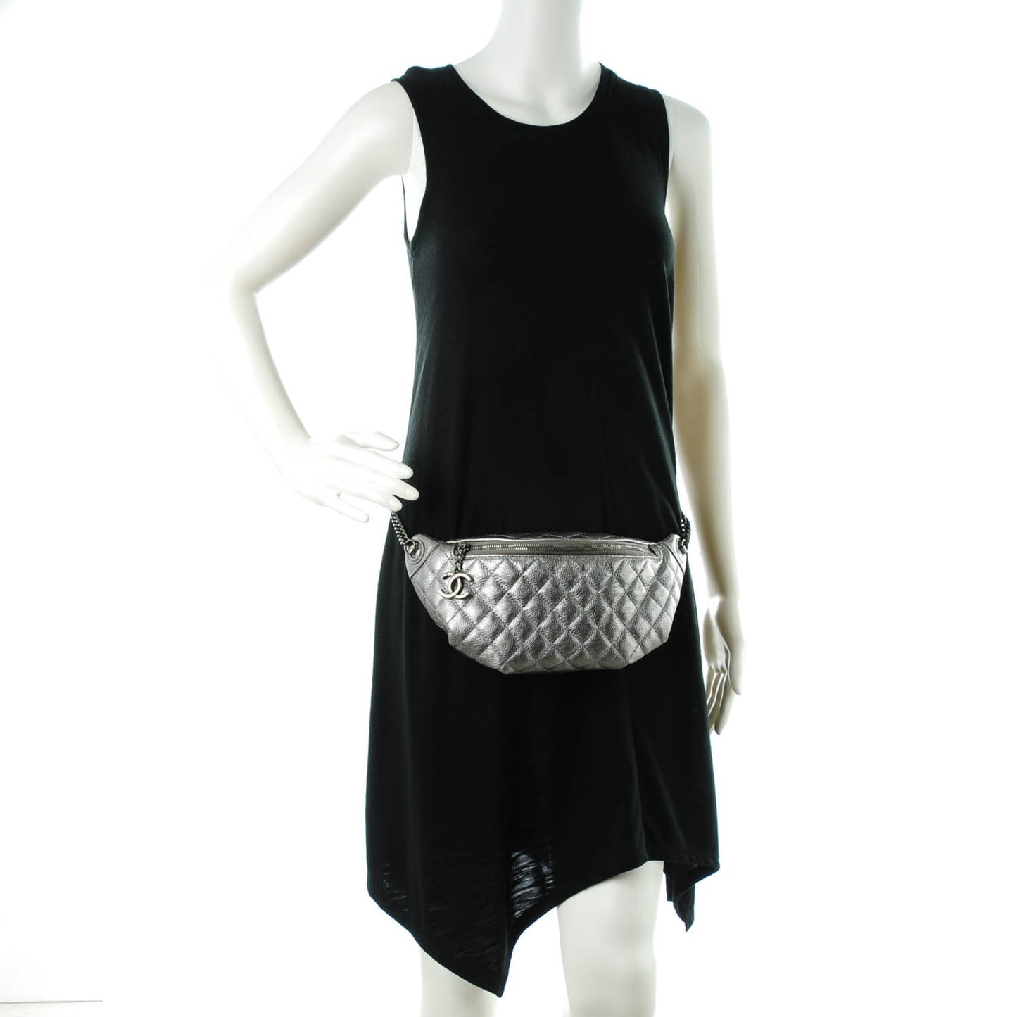 Metallic Goatskin Quilted Banane Waist Bag Fanny Pack Silver