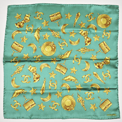Chanel Silk Archive CC Charm Printed Pocket Square  Green Gold 1 of 3