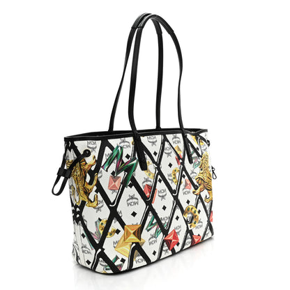 MCM Visetos Calfskin Motif Rombi Lion Printed Reversible Shopper Tote White 5 of 16