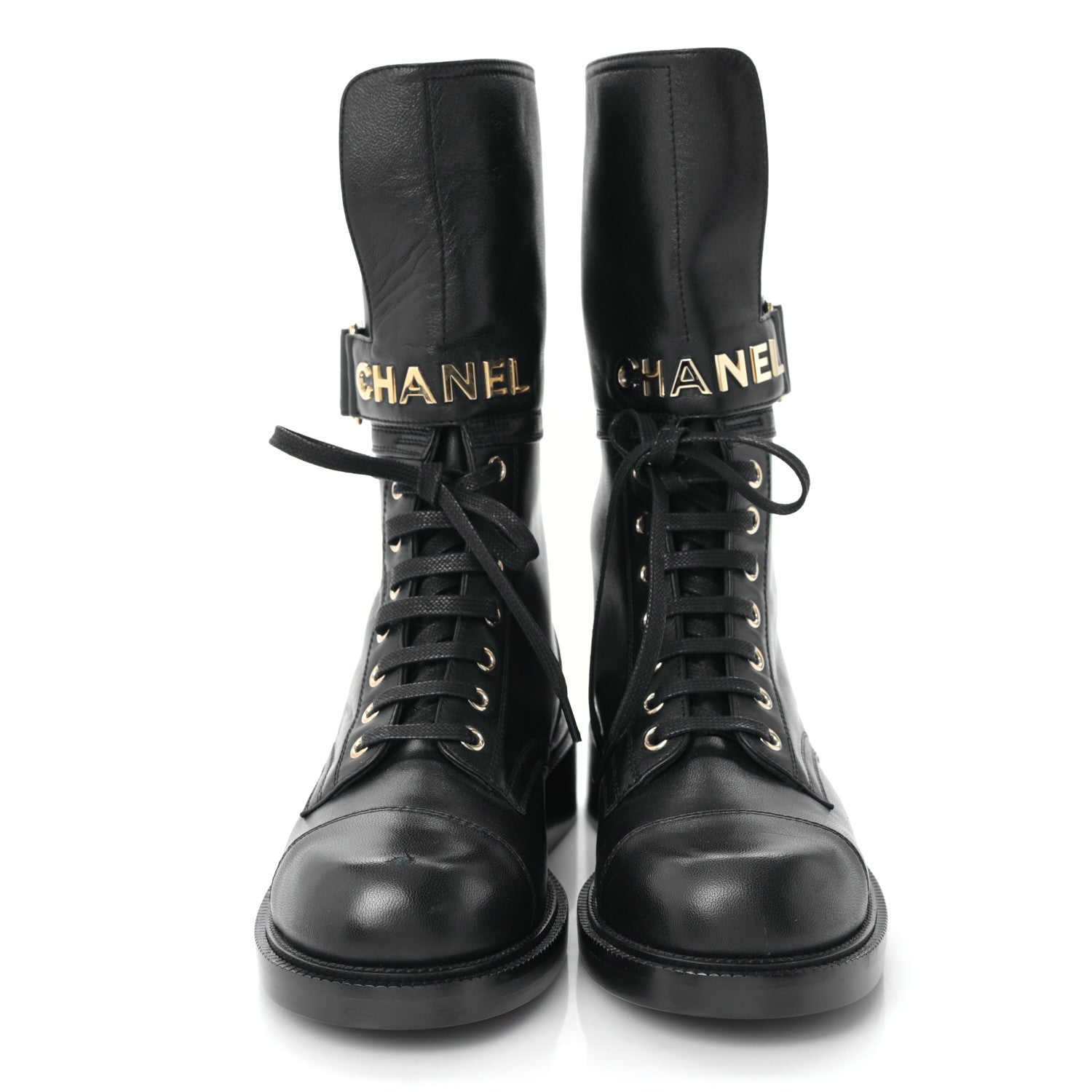 Chanel Lambskin Calfskin Lace Up Combat Boots 37.5 Black 2 of 7