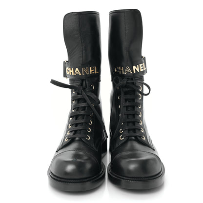 Chanel Lambskin Calfskin Lace Up Combat Boots 37.5 Black 2 of 7