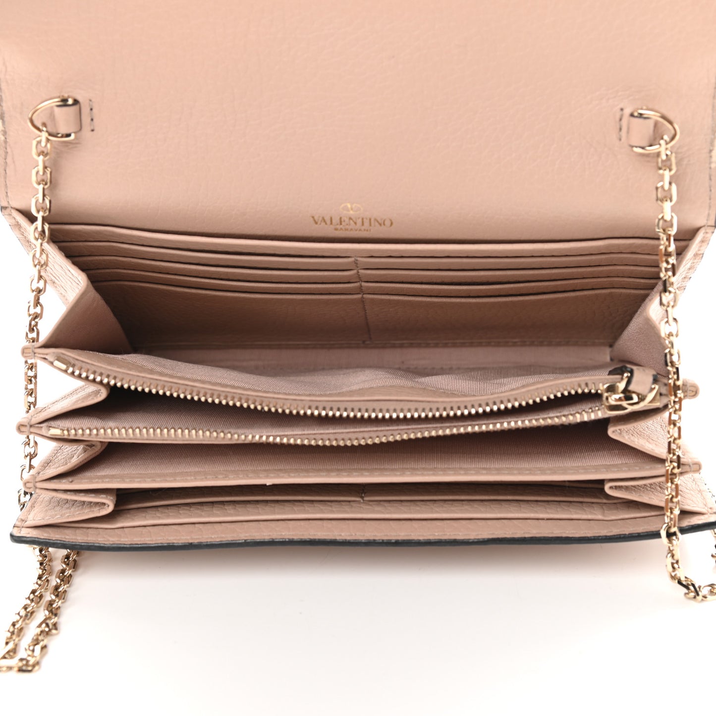 Pebbled Calfskin Rockstud Envelope Wallet on Chain Poudre