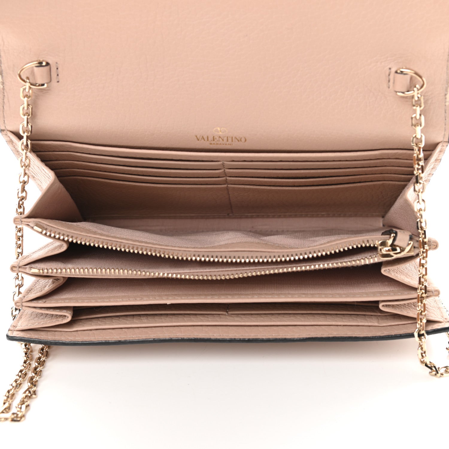Valentino Garavani Pebbled Calfskin Rockstud Envelope Wallet on Chain Poudre 7 of 9