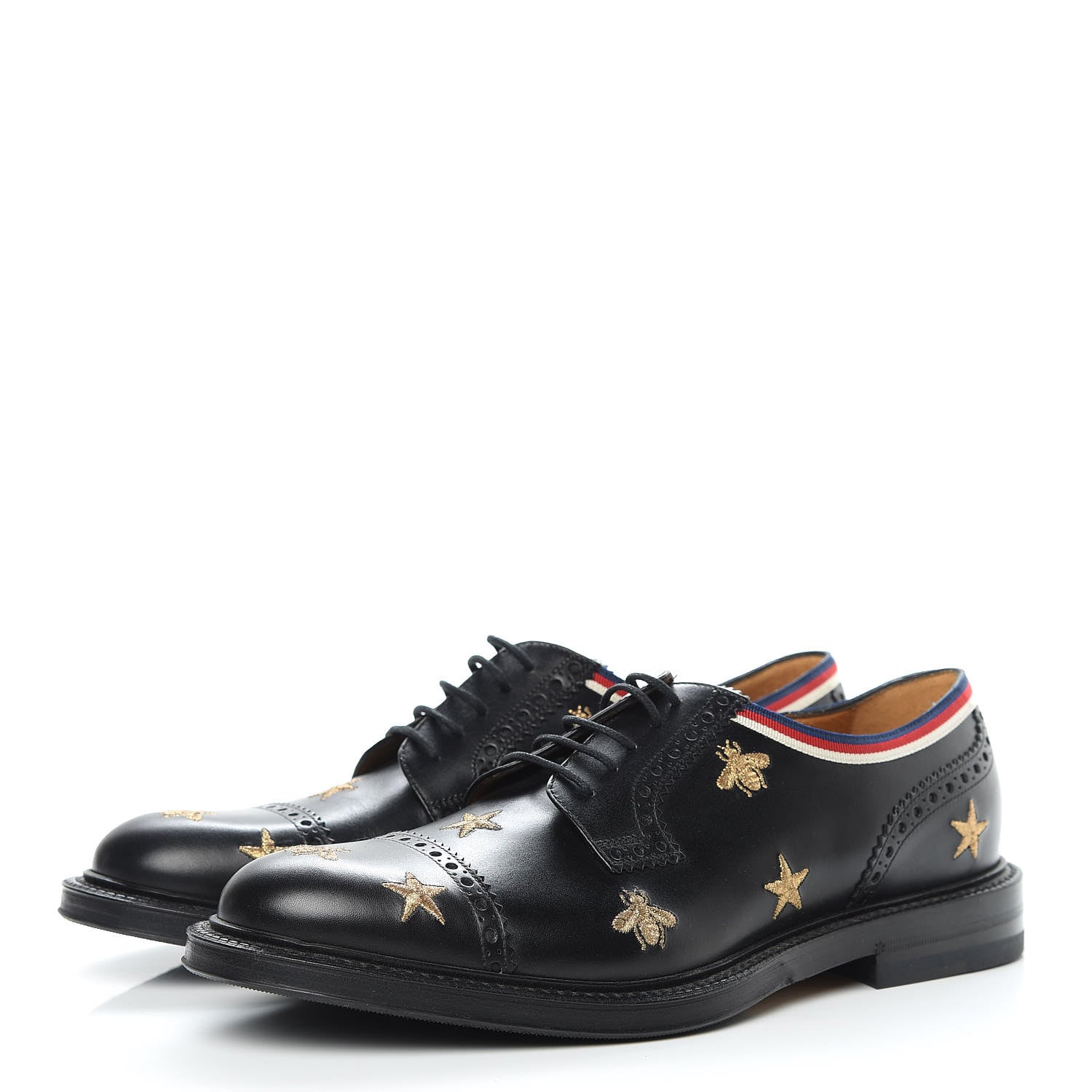 Gucci Calfskin Bee Star Embroidered Mens Captoe Derby Loafers 8 Black 3 of 9