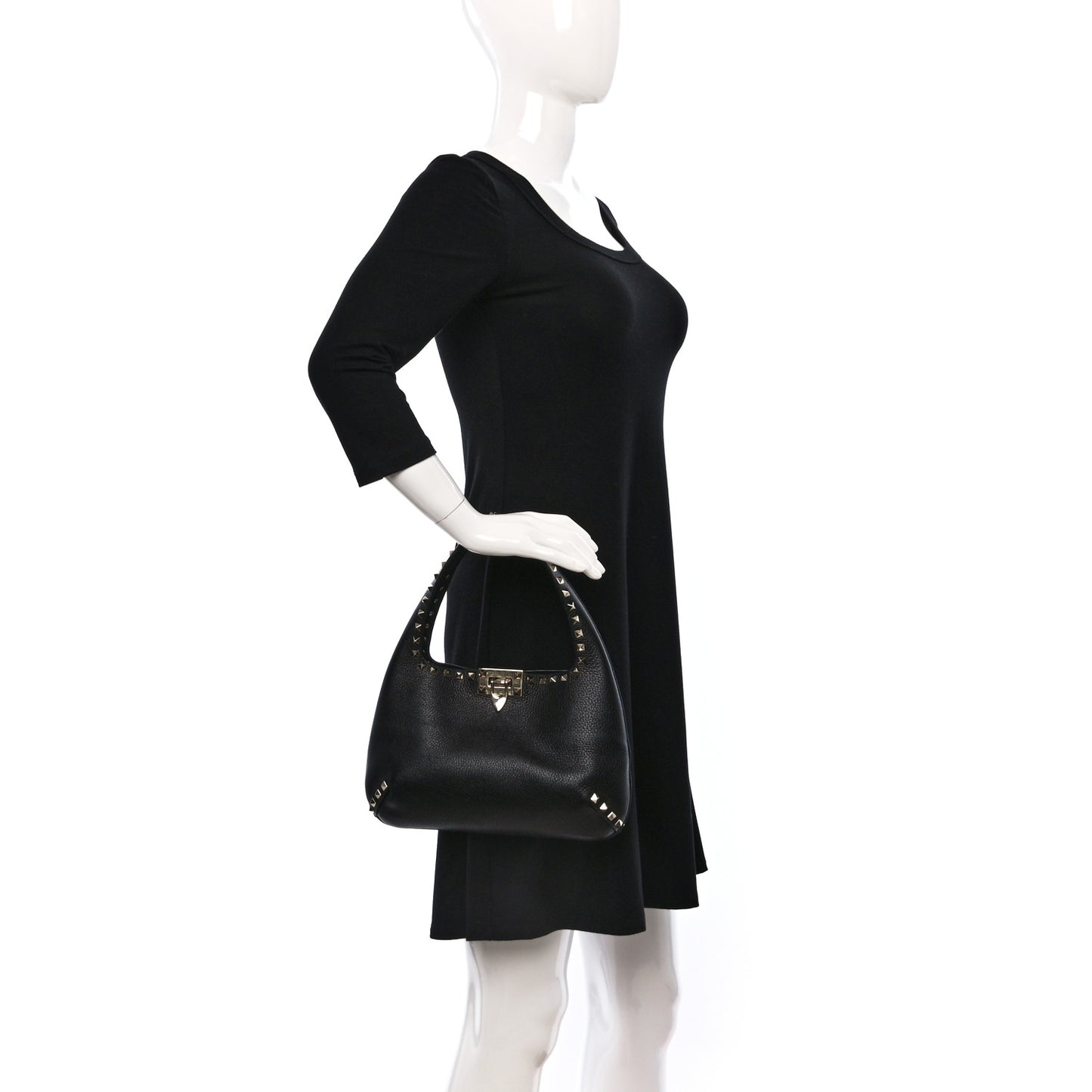 Pebbled Calfskin Small Rockstud Flip Lock Hobo Black