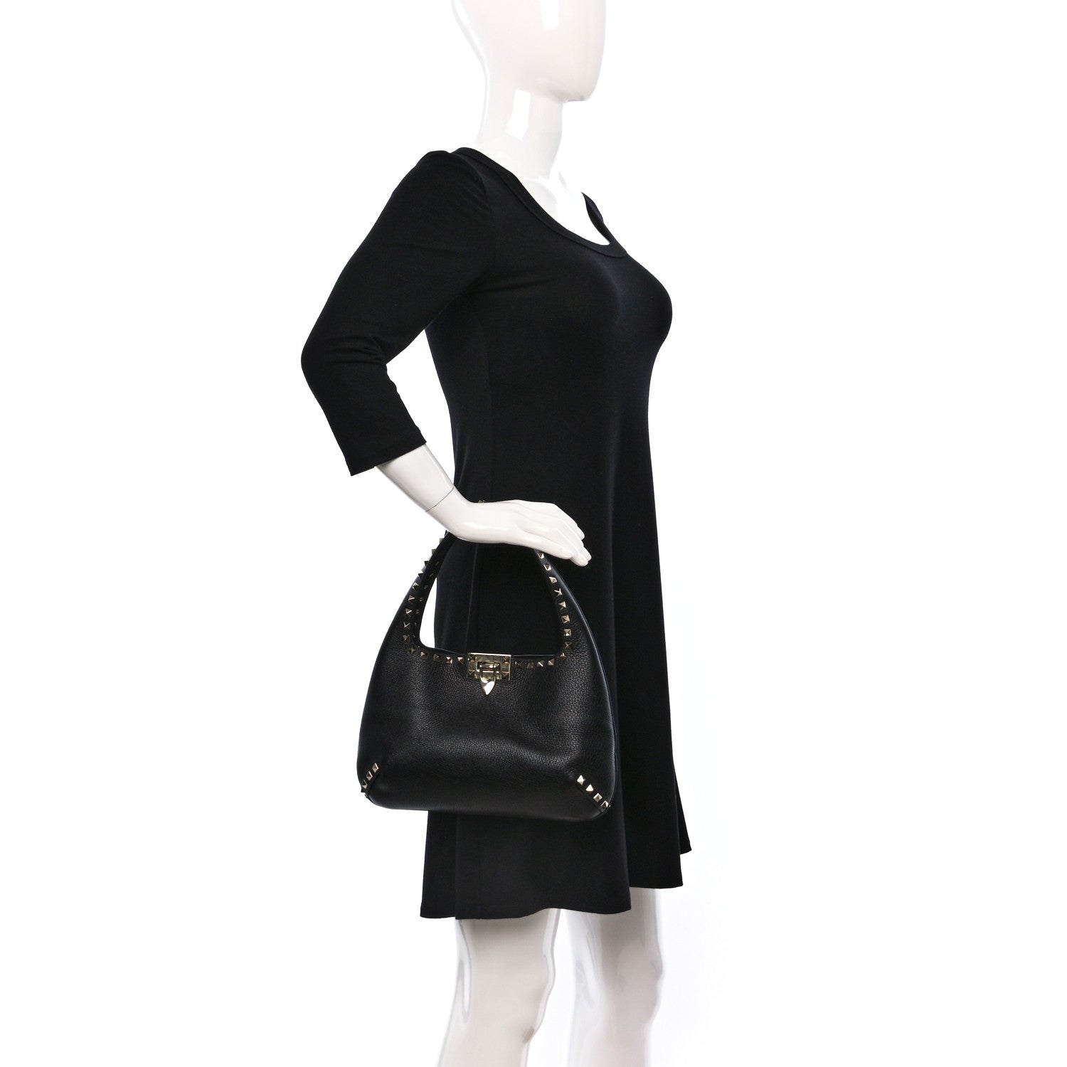 Valentino Garavani Pebbled Calfskin Small Rockstud Flip Lock Hobo Black 2 of 8