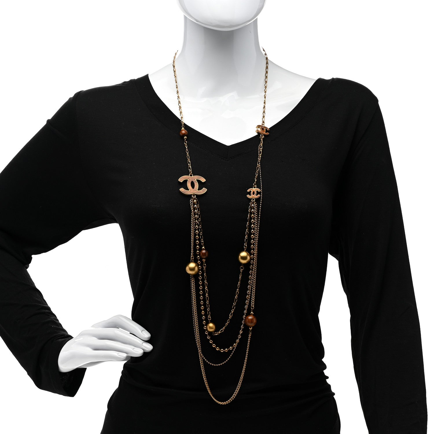 Chanel Metal Bead Wood CC Multi Strand Long Necklace Gold 2 of 6