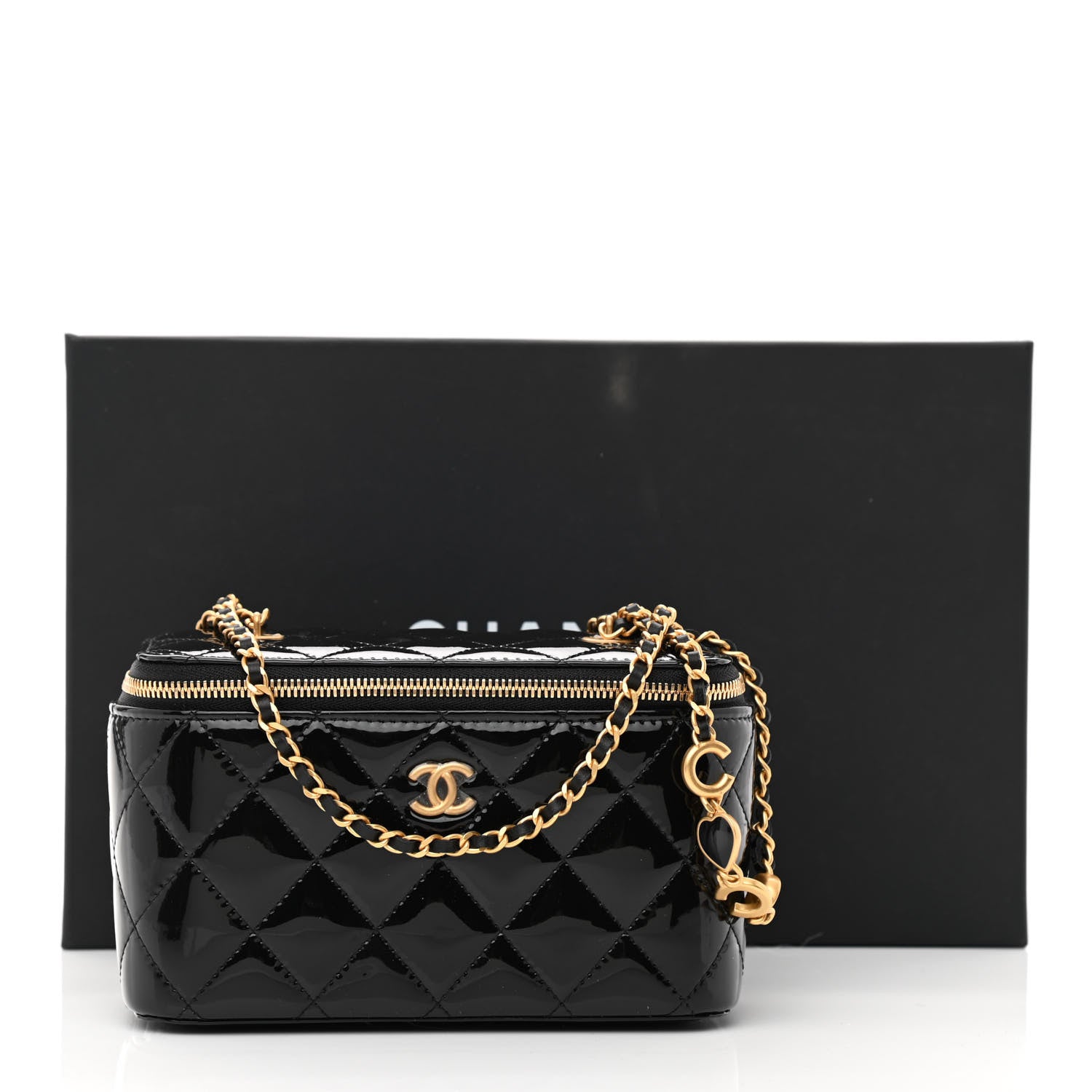 Chanel Patent Enamel Quilted Small Coco Hearts Vanity Case With Chain Black 11 of 11
