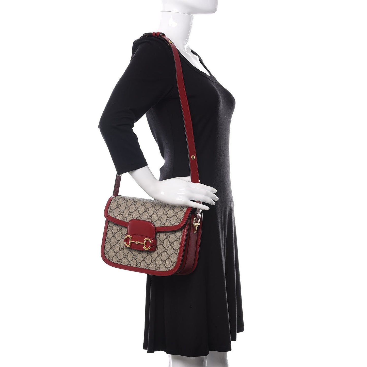 GG Supreme Monogram Azalea Calfskin Horsebit 1955 Shoulder Bag Beige Ebony New Cherry Red