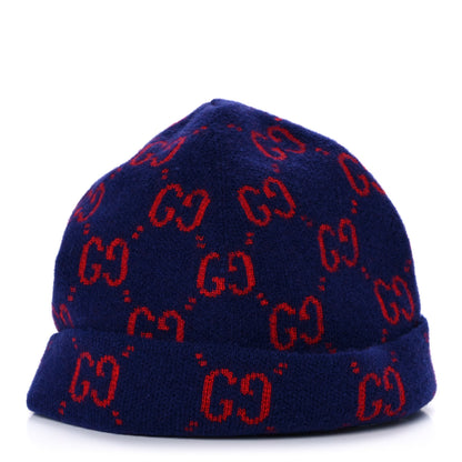 Gucci Wool GG Monogram Beanie Hat L Navy Red 1 of 5