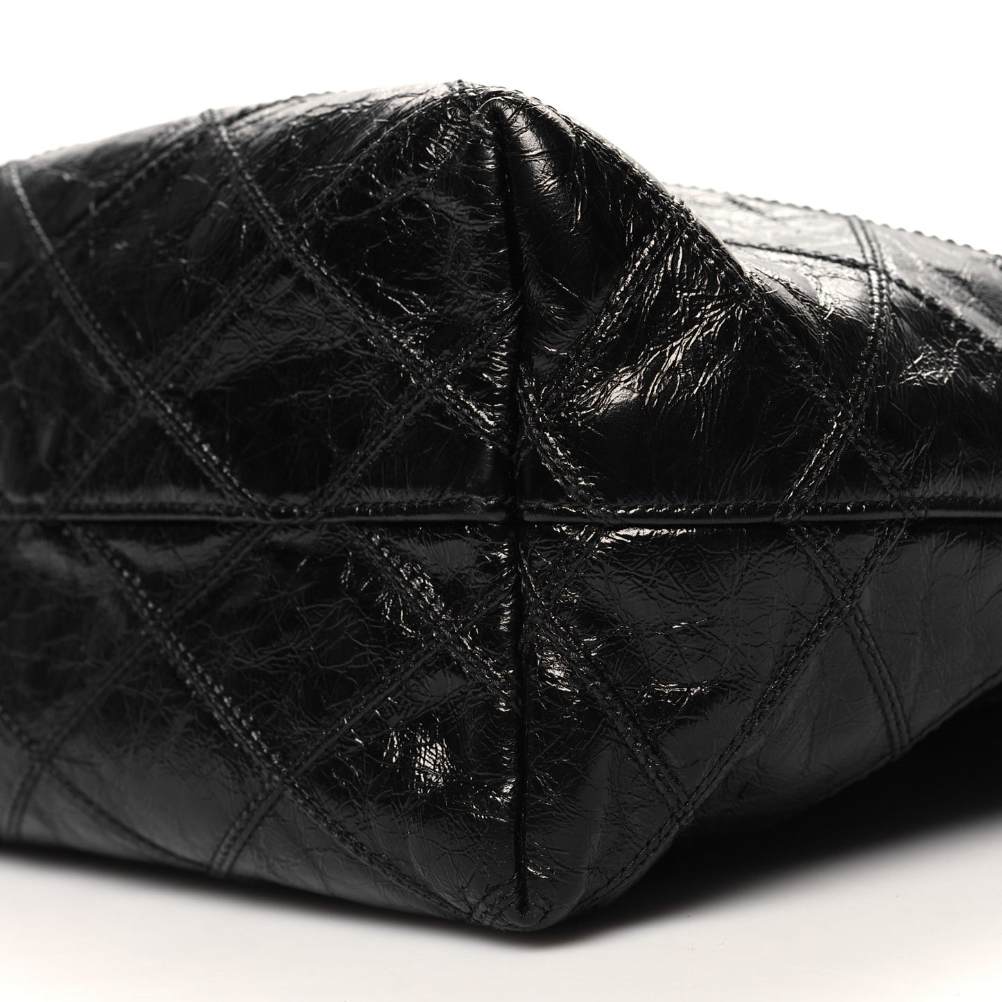 Crinkled Calfskin Quilted East West Shopping Tote Black