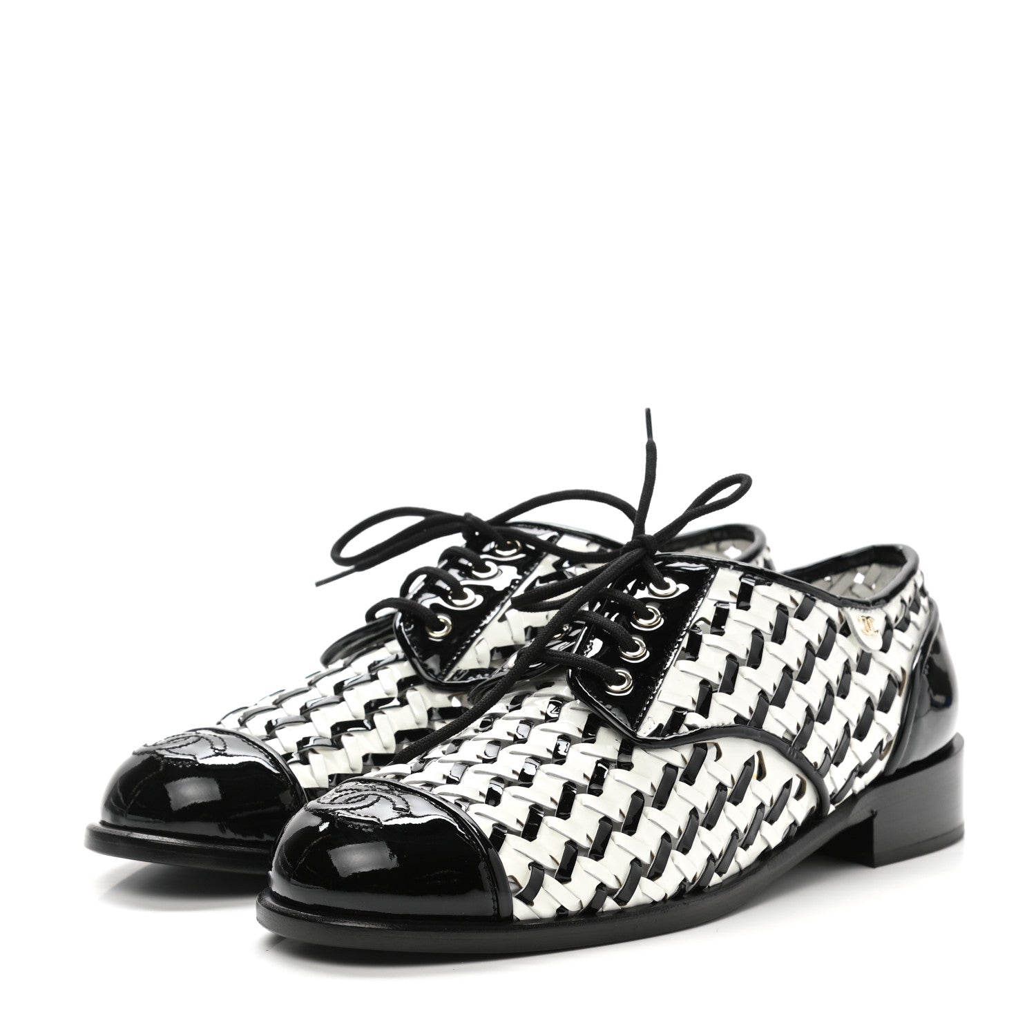 Chanel Lambskin Braided Patent CC Lace Up Oxfords 39 Black White 3 of 9