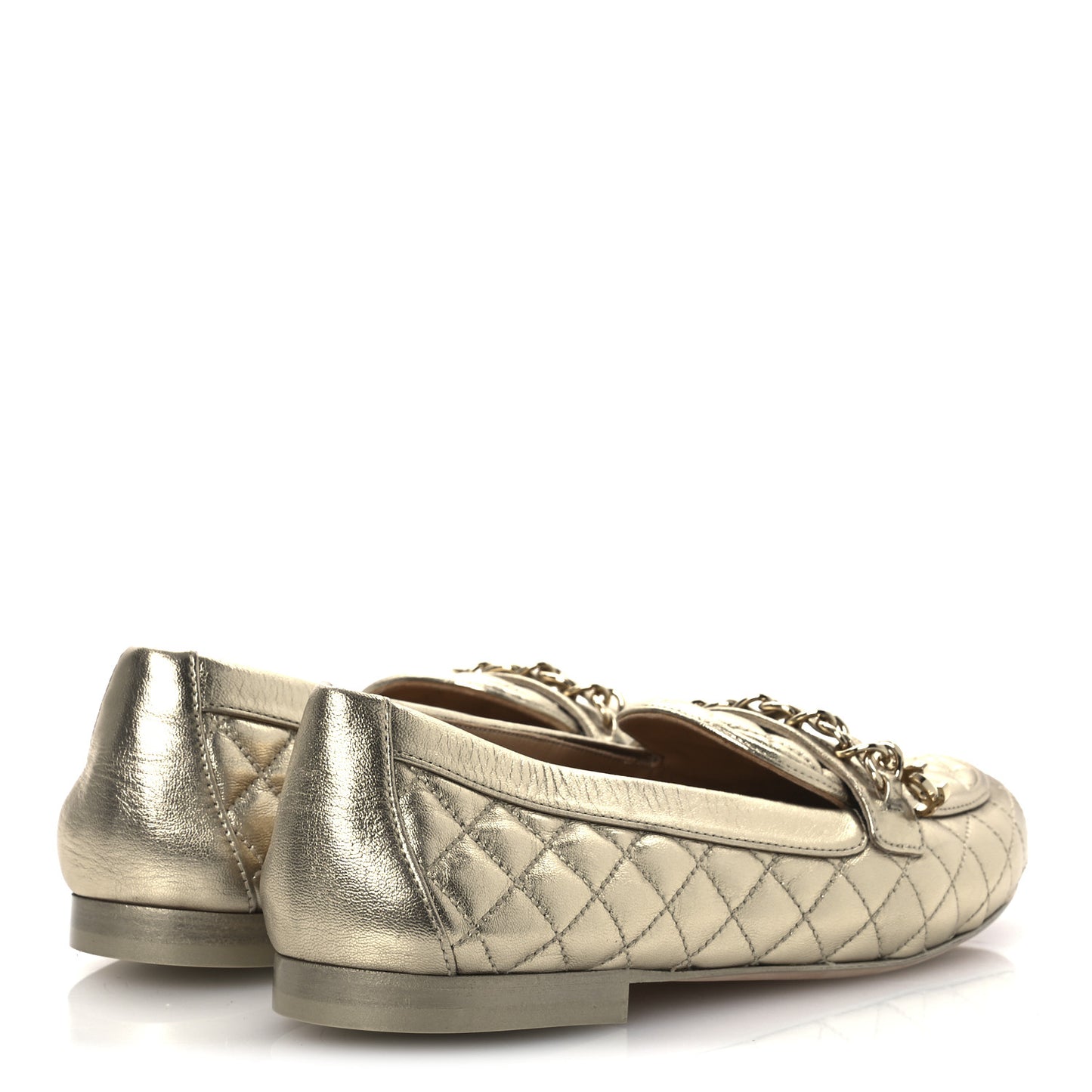 Metallic Lambskin Quilted Womens Chain CC Loafers 39.5 Gold