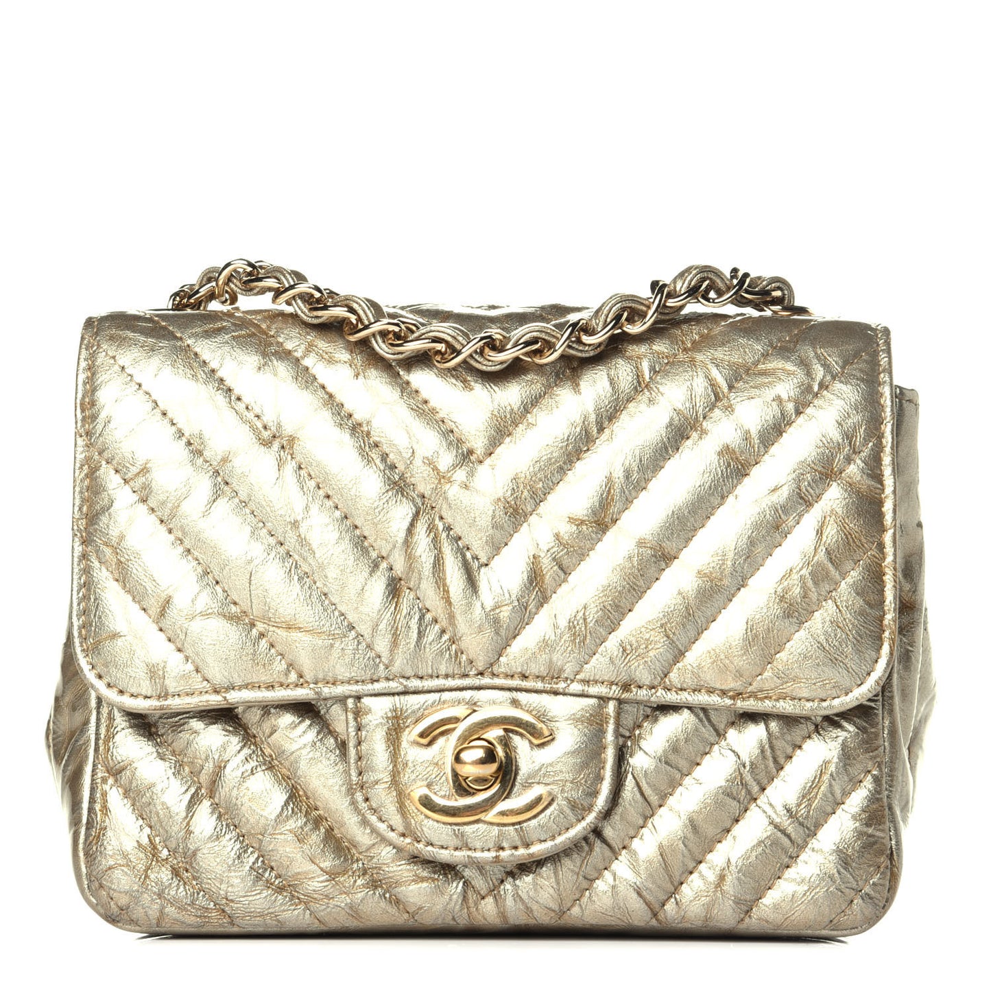 Patent Metallic Crumpled Calfskin Chevron Quilted Mini Square Flap Gold