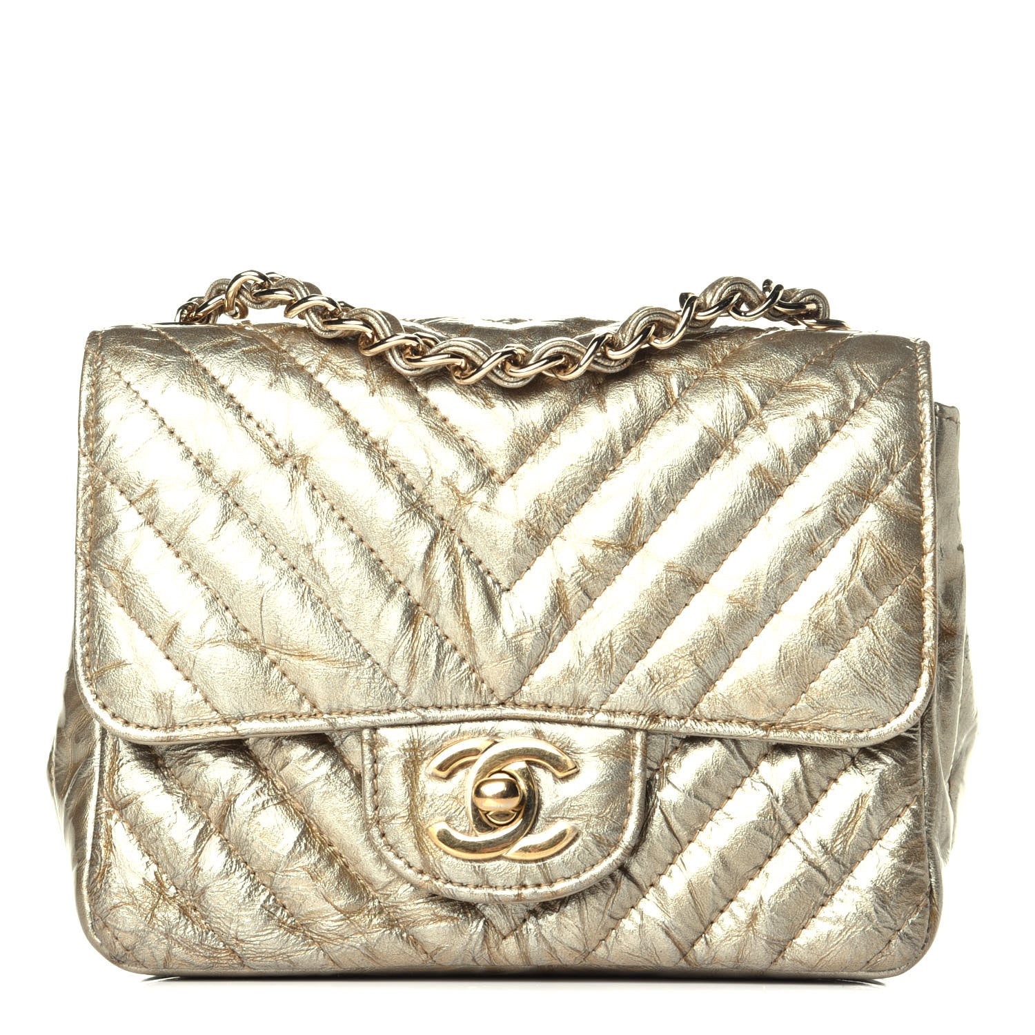Chanel Patent Metallic Crumpled Calfskin Chevron Quilted Mini Square Flap Gold 1 of 9