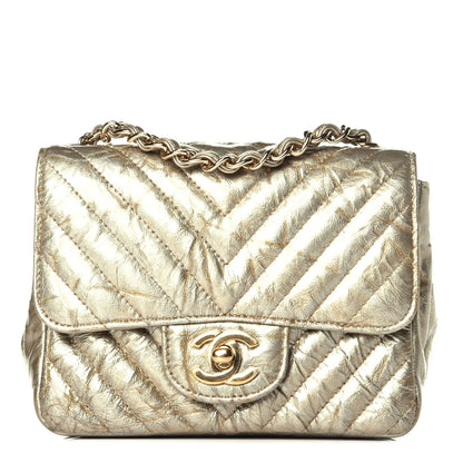 Chanel Patent Metallic Crumpled Calfskin Chevron Quilted Mini Square Flap Gold 1 of 9