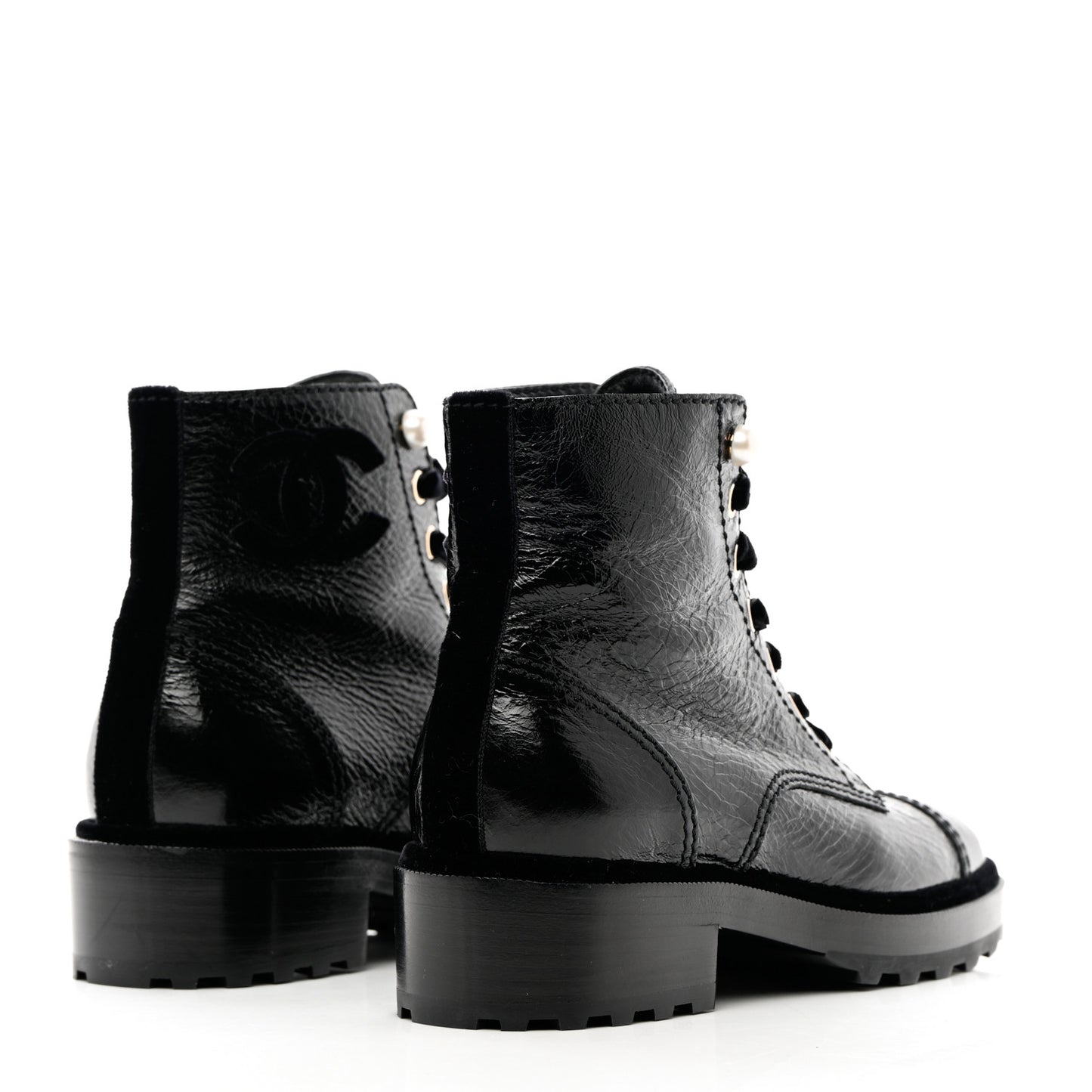 Shiny Calfskin Velvet Pearl Combat Short Boots 37.5 Black
