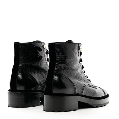 Chanel Shiny Calfskin Velvet Pearl Combat Short Boots 37.5 Black 4 of 10