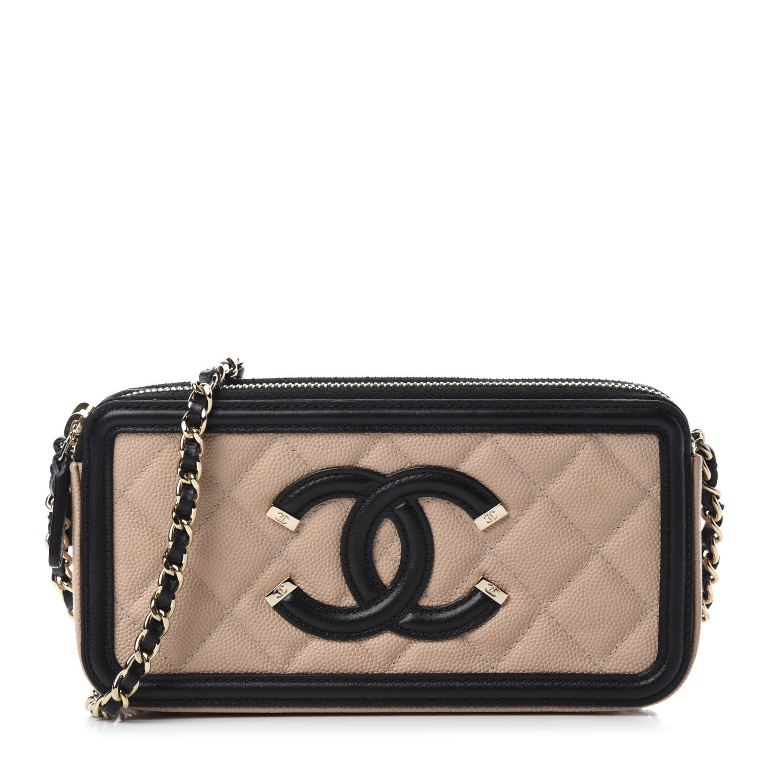 Chanel Caviar Quilted CC Filigree Clutch With Chain Beige Black 1 of 12