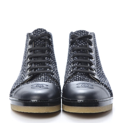 Chanel Tweed Calfskin Patent CC Lace Up Short Boots 41 Black Grey Dark Navy 2 of 9
