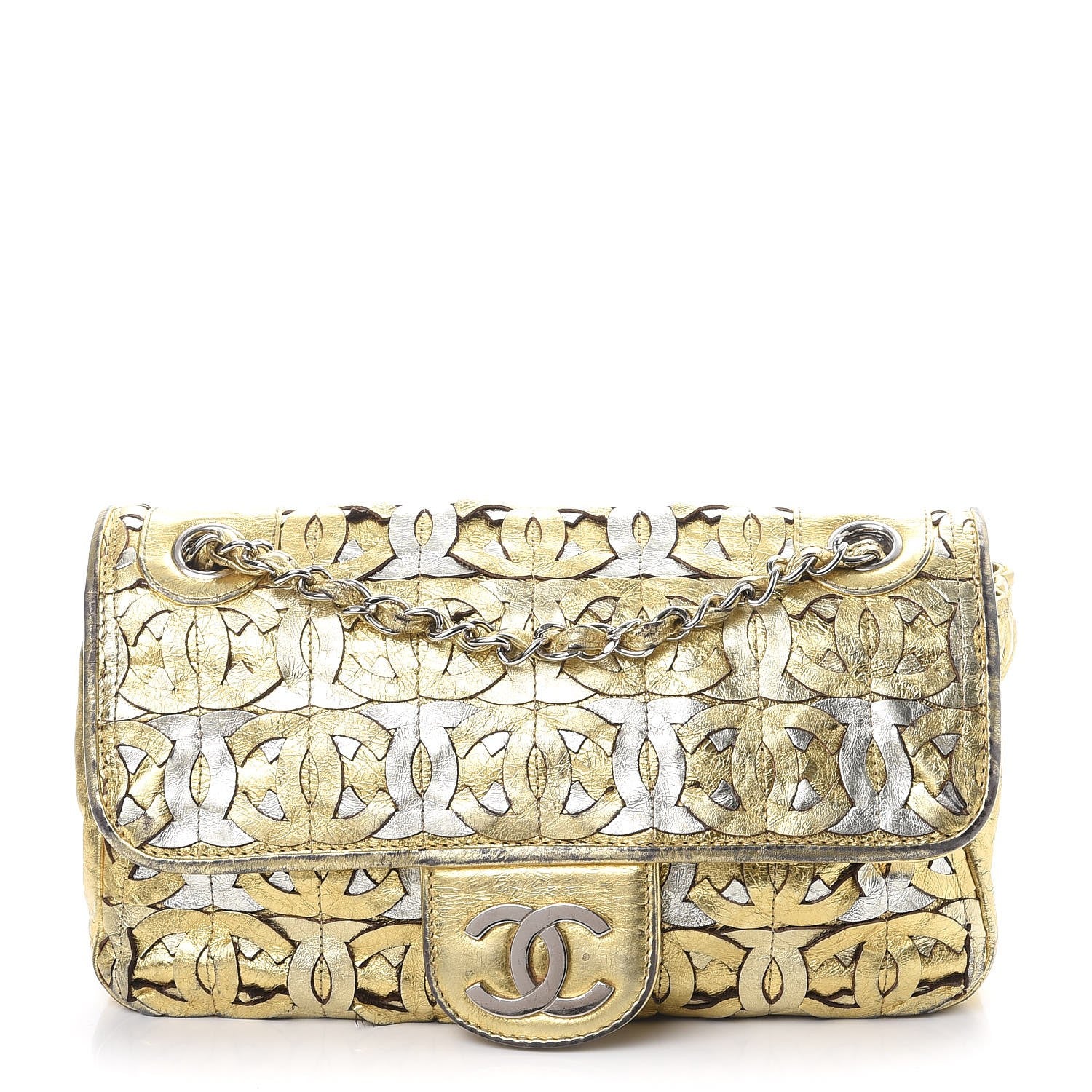 Chanel Metallic Crackled Calfskin Medium CC Mix Flap Gold Silver 1 of 12