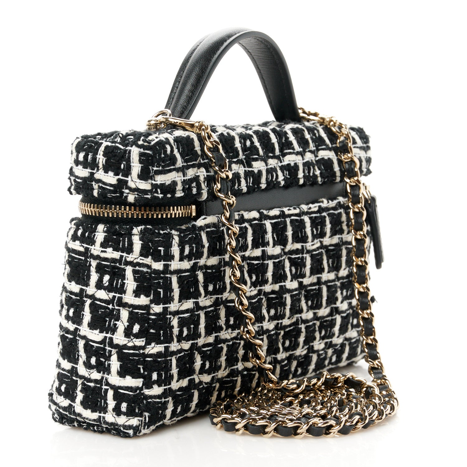 Chanel Tweed Quilted Top Handle Slim Long Vanity Black Ecru White 3 of 10