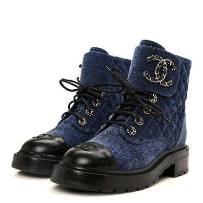 Chanel Shiny Calfskin Velvet Quilted Lace Up Combat Boots 37 Blue 4 of 11