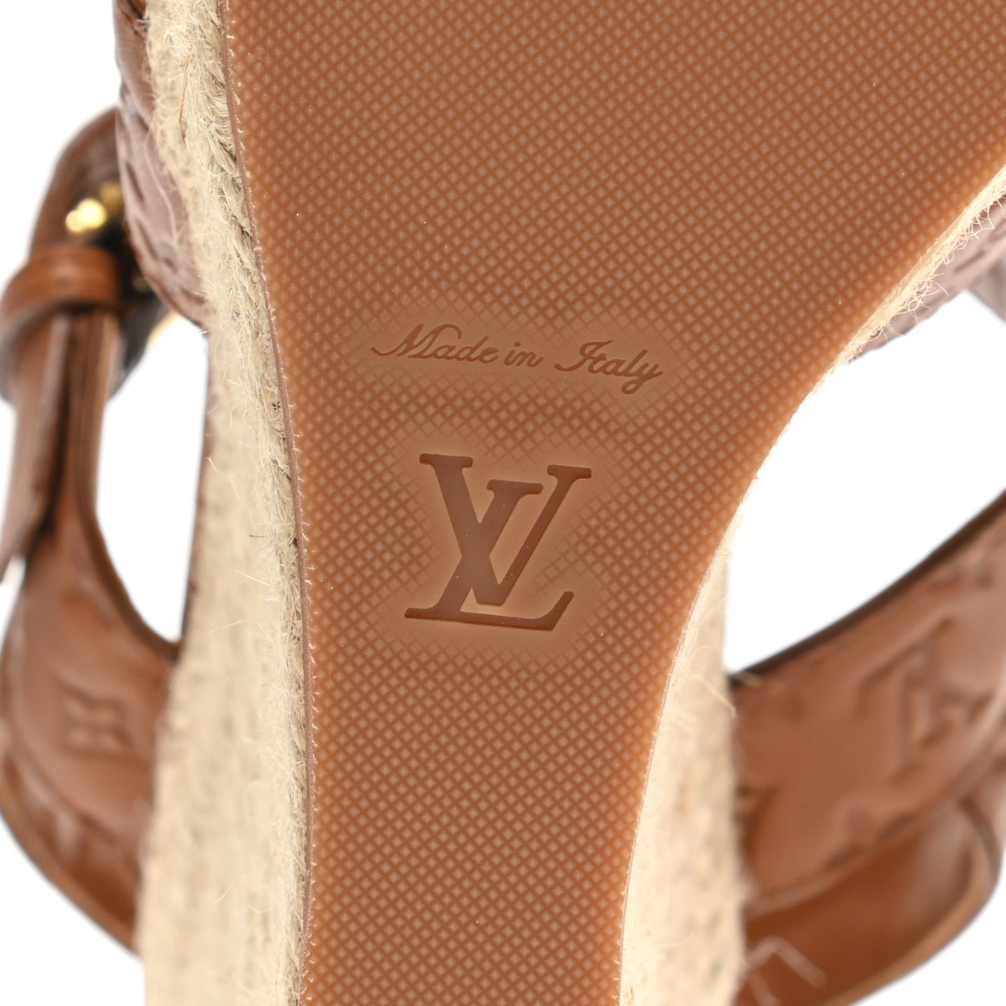 Calfskin Monogram Embossed Espadrille Wedge Sandals 36.5 Cognac