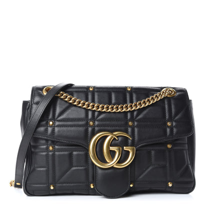 Gucci Calfskin Matelasse Studded Medium GG Marmont Shoulder Bag Black 1 of 9