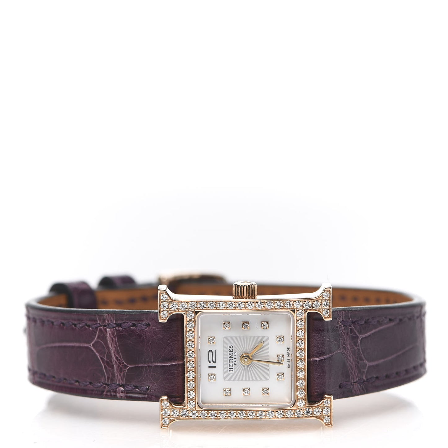 18K Rose Gold Alligator Diamond Bezel Mother of Pearl 17.2mm Heure H Hour Quartz Watch Amethyst