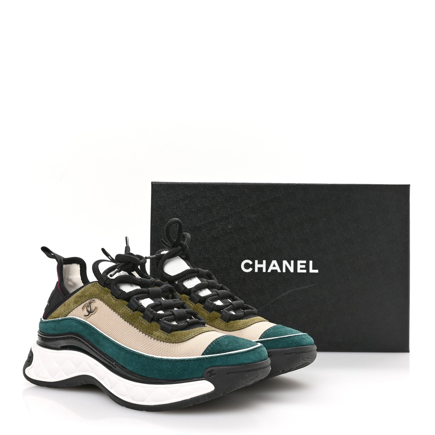Chanel Fabric Suede CC Sneakers 36.5 Beige Dark Green Green 8 of 8