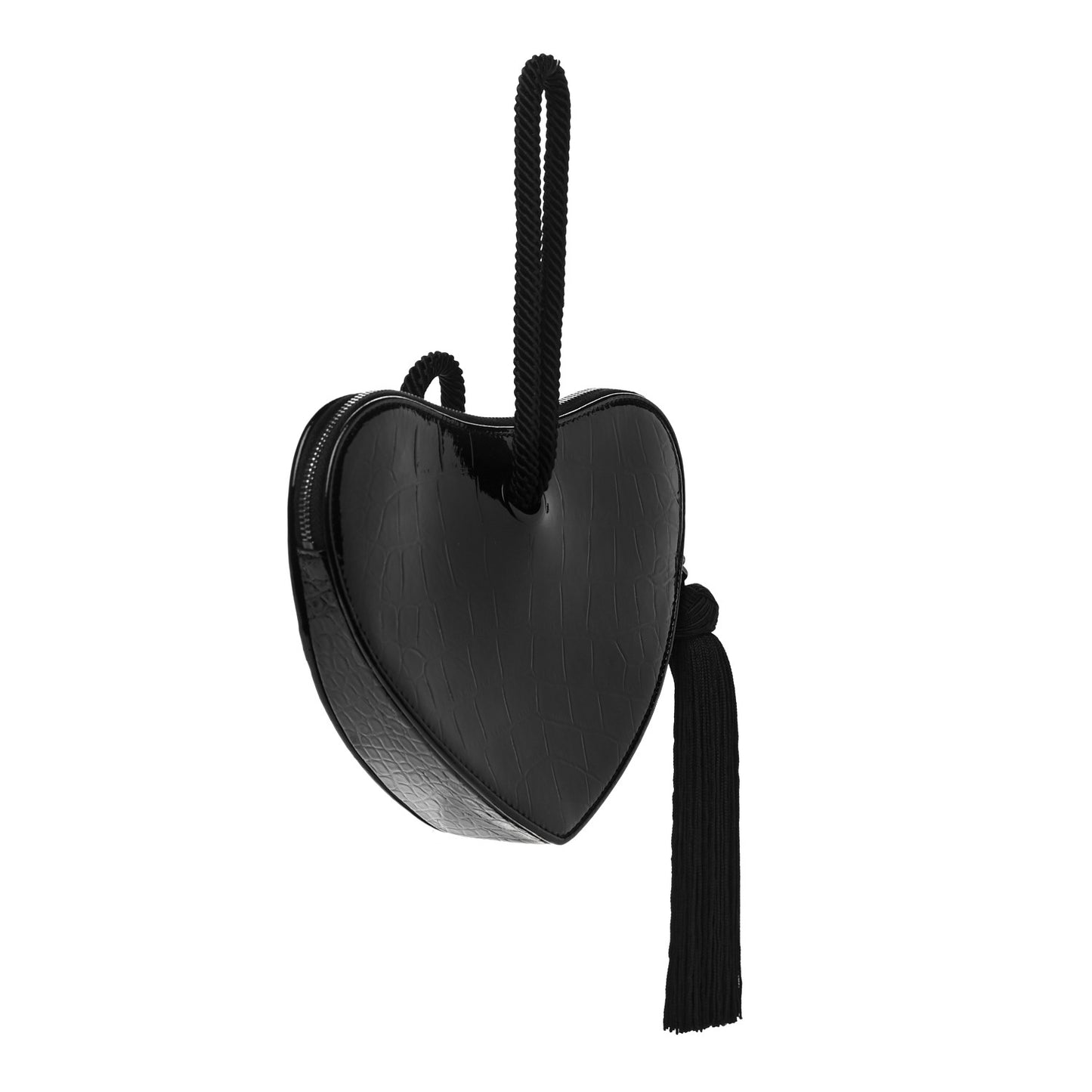 Patent Crocodile Embossed Sac Coeur Heart Shaped Clutch Black