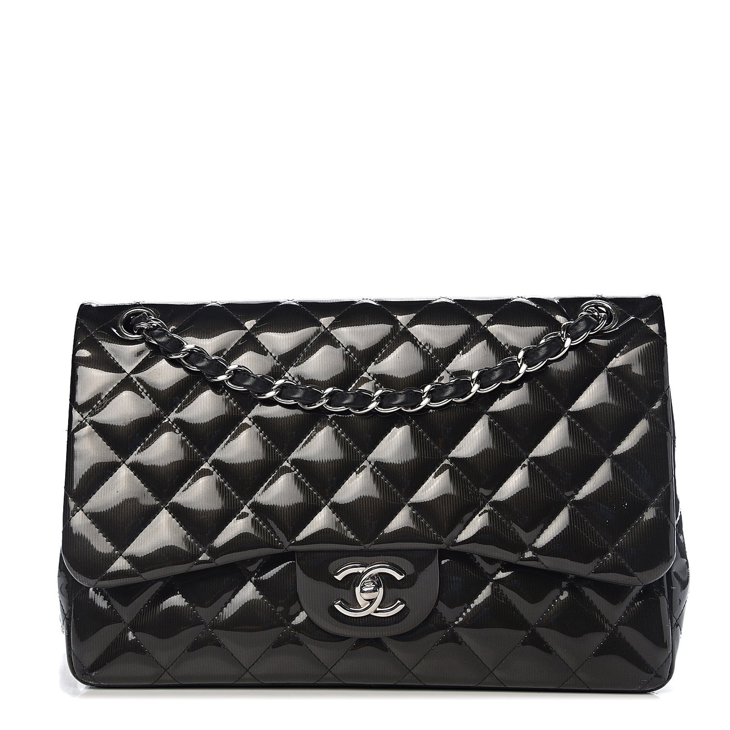 Striated Patent Quilted Jumbo Double Flap Black