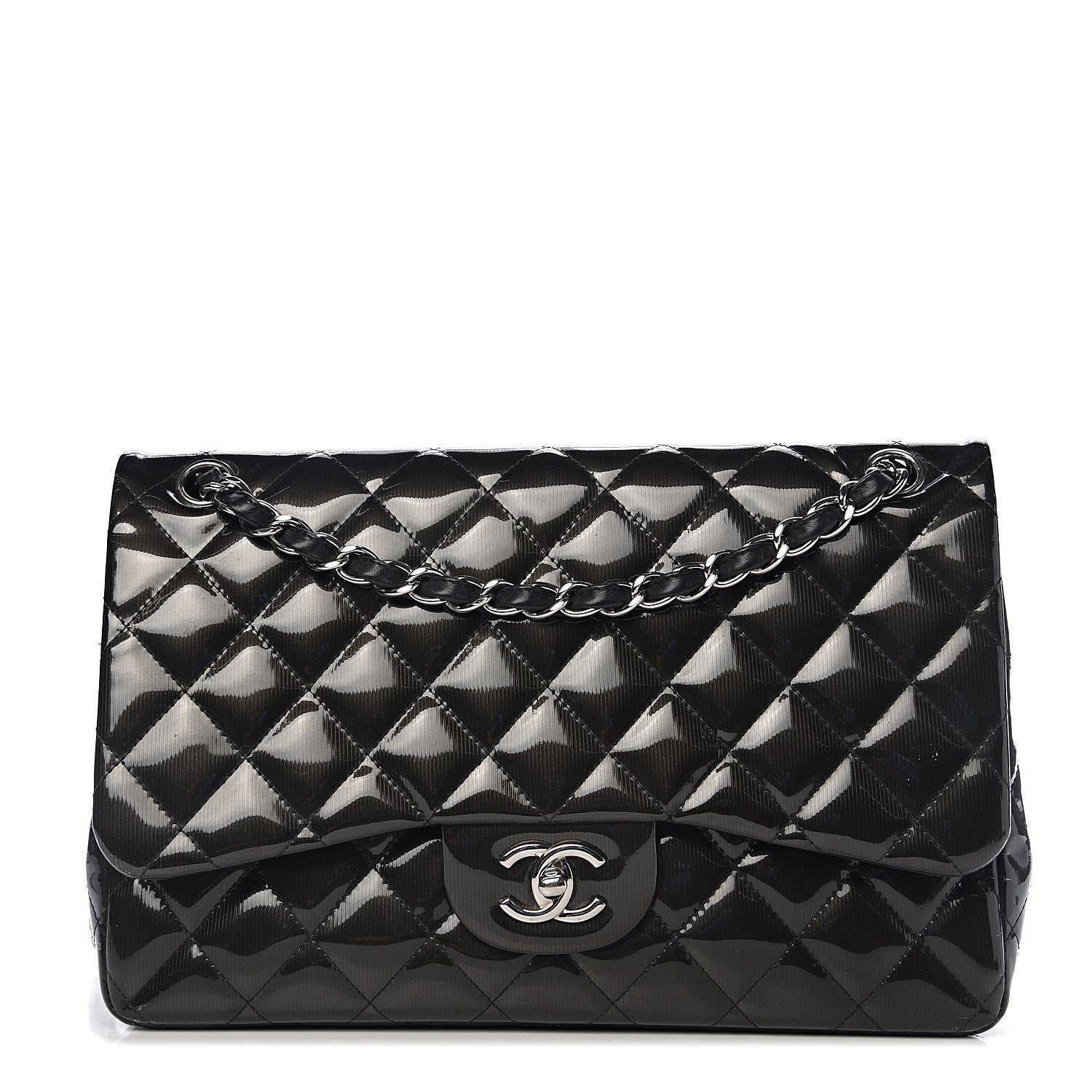 Chanel Striated Patent Quilted Jumbo Double Flap Black 1 of 16